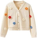 GORGLITTER Girl's 3D Floral Button Cardigans Long Sleeve Textured V Neck Knitted Cardigan Sweater Beige 10Y