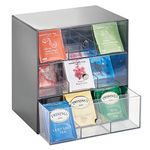 mDesign Storage Box for Teabags, Coffee Pods, Sugar and More – Plastic Tea Chest with 27 Compartments – Kitchen Organiser with 3 Drawers – Charcoal Grey/Clear