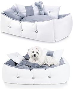 NELKE Panier Chien en Cuir Synthétique Glamour Style Lit pour Chien de Petite et Moyenne Taille De Luxe Paniers et Mobilier pour Chiens Blanc-Gris Coussin Extensible