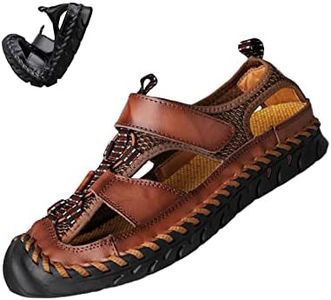 Keilinia Men's Summer Closed Toe Hiking Sandals,Comfy Breathe Leather Splicing Mesh Non-Slip Softsole Outdoor Travel Beach Shoes (11.5,Dark Brown)