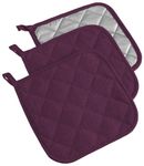 DII Cotton Terry Pot Holders, 7x7 Set of 3, Heat Resistant and Machine Washable Hot Pads for Kitchen Cooking and Baking-Eggplant