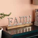 PURESTORY Faith Sign Decor | Decorative Items For Home Living Room | Metal Word Sign with Wooden Base | Gift Items For Home Decoration | Decoration For Library | Tabletop For Gallery & Office - Silver