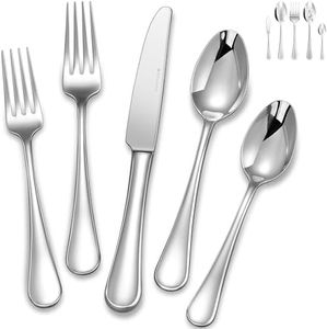 Royalrose Premium Aria 65 Piece Silverware Set for 4, 18/10 Stainless Steel Silverware Set, Mirror Finish, Dishwasher Safe, Ideal for Daily Use & Entertaining (65, Silver)
