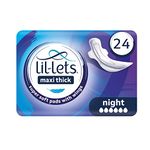 Lil-Lets Maxi Thick Period Pads X 24, Night Absorbency, with Wings, 1 Pack of 24 Maxi Pads, for Very Heavy/Extra Heavy Overnight Flow, Unscented, Nightime Sanitary Towel