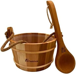 Pasithea Canadian Red Cedar Sauna Bucket and Ladle with Wooden Bottom - Handmade, 1 Gallon (4L) Plastic Liner, and Natural Rope Handle - Premium Sauna Accessories Kit with Sauna Ladle and Bucket