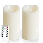 Mavandes 4”x8” Flameless Flickering Candles with Remote,Real Wax LED Battery Operated Pillar Candles with Timer,Ivory Pack of 2 Long Lasting Fake Electric Moving Wick Flameless Candles for Home Decor