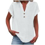 2024 Women's Blouses Cotton Linen V Neck Button Short Sleeve Tops Spring Summer Tees Trendy Casual T-Shirts White