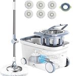 MICHAO Spin Mop Bucket System Deluxe 360 Spinning Mop Bucket Floor Cleaning System with 6 Microfiber Replacement Head Refills,62'' Extended Handle ,4X Wheel for Home Cleaning, White (Michao-mop-001)