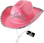 Light Up Pink Cowgirl Hat For Girls - Pack Of 2 Kids Cowboy Hat With Blinking Tiara Sequin Trim Fringe And Drawstring, Felt Girls Pink Cowboy Hat For Kids Costume Party Accessory, Dress-up, 6 X 7-inch