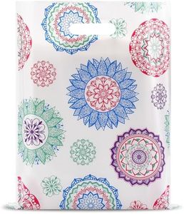 Rainbows & Lilies 100 Mandala Plastic Bags with Handles - 12"W x 15"H Thick Reusable Bulk Bags for Merchandise, Gifts, Products, Small Business, Boutique Retail Shopping, Goodie Party Favors (White)