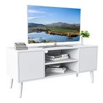 Yusong Retro TV Stand 50 Inch, Modern TV Bench TV Cabinet for TV Up to 55 Inches, Mid-Century Entertainment Center Stand TV Console with Doors and Shelves for Living Room Bedroom, White