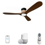 NOPAARD Smart 52 Inch Wood Flush Mount Ceiling Fans with Lights, Rustic Hemp Rope Ceiling Fan with Remote Alexa Voice and App Control, Reversible Quiet DC Motor, High CFM for Indoor Outdoor, Walnut