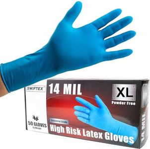 SWIFTEX Heavy Duty Thick Latex Gloves, 14mil, Blue, Industrial, Powder Free, 12" Length, Textured, Multi-Purpose, Box of 50 (XX-Large)