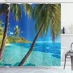 Ambesonne Ocean Shower Curtain, Image of a Tropical Island with The Palm Trees and Clear Sea Beach Theme Print, Fabric Bathroom Decor Set with Hooks, 84 Inches Extra Long, Turquoise Blue