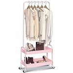 KINGRACK 2-in 1 Garment Rack, Clothing Rack with 2 Tier Metal Basket, Rolling Storage Cart Clothes Organizer Coat Rack Storage Stand on Wheels, for Home Bedroom Laundry Small Place Entryway, Pink