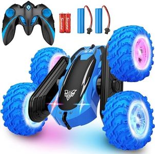 KKONES Remote Control car,2.4GHz Electric Race Stunt Car,Double Sided 360° Rolling Rotating Rotation, LED Headlights RC 4WD High Speed Off Road for 3 4 5 6 7 8-12 Year Old Boy Toys (Blue)