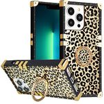 DMaos for iPhone 15 Plus Case with Ring for Women, Gold Gorgeous Rhinestone Bling Diamond Kickstand for iPhone15 Plus 6.7'' - Leopard