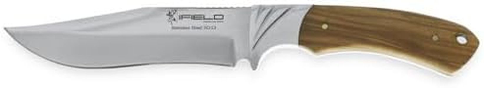 iFIELD Cuchillo de Caza Deportivo Camper EL29014, Mango Olivo, Hoja de 14 cms, Largo Total 26 cms, virola de Acero, Funda de Piel marrón, Herramienta de Camping para Pesca, Caza, Actividad Deportiva