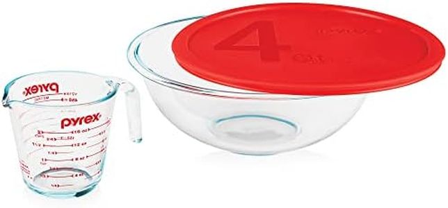 Pyrex Smart Essentials 3-Piece Glass Prep Set, 4-QT Glass Mixing Bowl with lid and 2-Cup Measuring Cup, Dishwasher, Microwave and Freezer Safe, Essential Kitchen Tools