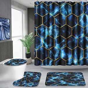 Poedist Shower Curtain Set with Rugs,Bathroom Accessory Set, Including Non-Slip Rugs,Toilet Lid Cover and Bath Mat, Waterproof Shower Curtain with 12 Hooks,Lightning Honeycomb Marble