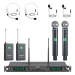 Pheny Pro 4 Channel UHF Wireless Microphone System, Fixed Frequency Handheld/Pocket/Headband/Lapel Microphones for Church, Karaoke, Vocal, DJ (PTU-5000B)