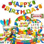 Building Blocks Birthday Party Supplies, 129pcs Building Block Tableware Set Building Block Birthday Plates Napkins Cups Tablecloth Building Block Party Banner etc Building Blocks Birthday Supplies