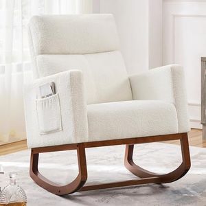 Yaheetech Upholstered Rocking Chair, Boucle Glider Chair Nursery Chair with High Back and Side Pocket, Rocking Accent Armchair with Rubber Wood Legs for Living Room/Bedroom/Nursery, Ivory