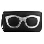 ili New York - Leather Eyeglass Case -Zippered Enclosure Eyeglass Case w/Frame Silhouette Embellishment, Black/Silver, One Size