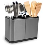 Vivo Technologies Kitchen Utensil Caddy Stainless Steel Organiser | Cooking Cutlery Holder | 4 Removable Dividers Compartments | Drip Tray for Kitchen Countertop | Anti Slip | Water Draining Design