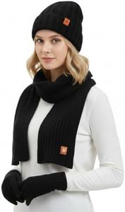 Women's Black Striped Winter Beanie Scarf Gloves Set - Thermal Trio Accessories for Cold Weather Cold Weather Gift Set