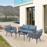 LOCCUS 4-Piece Outdoor Indoor Rope Patio Furniture Set Conversation Garden Waterproof Weaving Rope Bistro Set for Balcony Lawn Garden Terrace. [Grey and Blue]