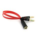 iXium 3.5mm Female to 2 Male Headphone Headset Microphone Y Splitter Audio Adapter Cable for PC Computer and Laptop - Red