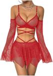 OYOANGLE Women's 2 Piece Mesh Sheer Criss Cross Crop Top and Asymmetrical Mini Skirt Party Rave Outfits Red X-Small