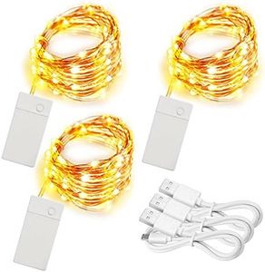 Soltuus 3 Pack Rechargeable 10ft 30 LED String Fairy Lights 4 Modes Copper Wire Starry String Lighting Waterproof Micro Firefly Moon Light Warm White Battery and USB Cable Included