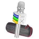 BONAOK Wireless Bluetooth Karaoke Microphone with Colorful LED Lights, 4 in 1 Karaoke Machine Player Recorder Portable Microphone, Kids for Android/iOS/PC (Silver)