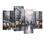 Wieco Art 4 Panels Paris Street Canvas Prints Wall Art By Black and White Europe City Buildings Oil Paintings Reproduction Picture for Home Decorations Framed Giclee Cityscape Artwork