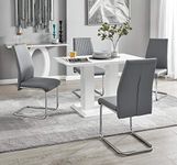 Furniturebox UK Imperia Modern White High Gloss Dining Table and 4 Lorenzo Chrome Leather Dining Chairs Set (Dining Table + 4 Grey Lorenzo Chairs)