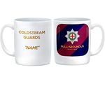 HQ Gift Ideas CUSTOMISED Coldstream Guards Drinks Mug showing a picture of the regimental badge on a regimental tie pattern with the motto Nulli Secundus - Second to None.