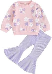 PUHHAPIEY Baby Girl Fall Winter Clothes Floral Knit Crewneck Sweatshirts Flare Pants Set Toddler Bell-Bottoms Outfits (A Pink Purple, 4-5 Years)