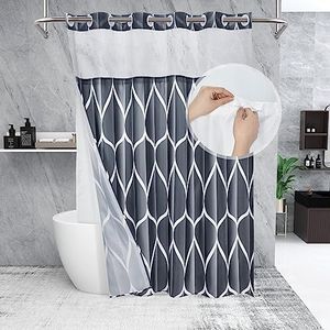 Yiatn Dark Grey Ringless Shower Curtain with Snap in Liner - Hotel Style with See Through Mesh Top Window, Modern Geometric Waterdrop Design,Waterproof and Washable,- 71x74 INCH