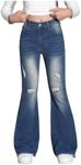 SHENHE Girl's High Waisted Flare Leg Jeans Split Raw Hem Denim Pants with Pockets Retro Blue 8Y