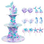 OPUHOHR 3 Tier Mermaid Cupcake Stand,Cupcake Tower with 12pcs Mermaid Theme Cake Topper, Dessert Tower Holder for Mermaid Theme Birthday Decoration Baby Shower Party Supplies