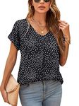 Yommay Blouses for Womens V Neck Ladies Tops Summer Chiffon Blouses Tops Short Sleeve Casual T Shirts(Black Dot,Small)