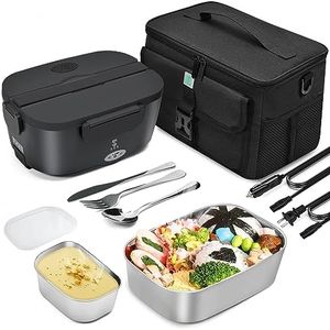 STN Electric Lunch Box Food Heater,Efficient Heated Lunch Box Set with Removable 304 SS Container,Insulated Bags,Big Cutlery Set for 12v 24v 220v (1.5L+0.45L)
