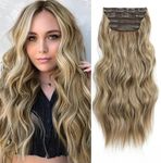 Clip in Hair Extensions 4Pcs Thick Full Head Light Ash Blonde with Lowlights 20Inch Hair Extensions Clip in Curly Wavy Synthetic Hair Extension