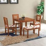 Ramdoot Furniture Solid Sheesham Wood Dining Table 4 Seater | Four Seater Dinning Table with 3 Chairs & Bench for Home | Chairs with Cushion | Dining Room Sets for Kitchen & Restaurants | Teak Finish