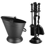 FB FunkyBuys Set of Stylish Durable Black Cast Iron Fireplace Fireside Companion Set & Coal Waterloo Bucket (Design-1)