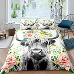 Loussiesd Highland Cow Bedding Set Kids Rose Floral Bull Cattle Comforter Cover for Girls Teens Western Wildlife Animal Duvet Cover Farmhouse Bedding & Linen King Size