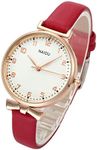 Top Plaza Womens Ladies Classic Simple Leather Analog Quartz Wrist Watch Rose Gold Case Arabic Numerals Casual Dress Watches(Red)