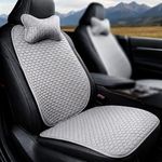 Hukimoyo 3-in-1 Car Seat Cover Protector Mat with Neck Pillow, Breathable Cotton Linen Anti-Slip Driver Seat Protector, Universal Fit Front & Bottom Seat Cover for Car, SUV & Truck with Pocket